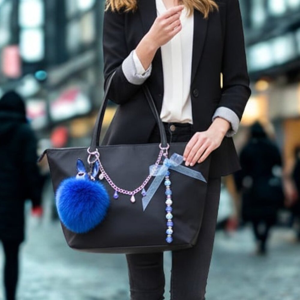 Blue Rhinestone Beaded Bag Charm Set Pom Pom Teddy Keychain Purse Accessory